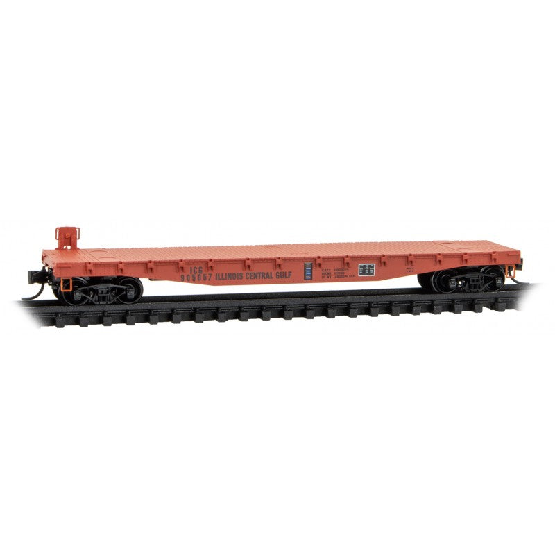 Micro Trains Line #045 00 700 50' Fishbelly-Side Flatcar with Side-Mount Brake Wheel - Ready to Run -- Illinois Central Gulf #905057 (orange, black), N Scale