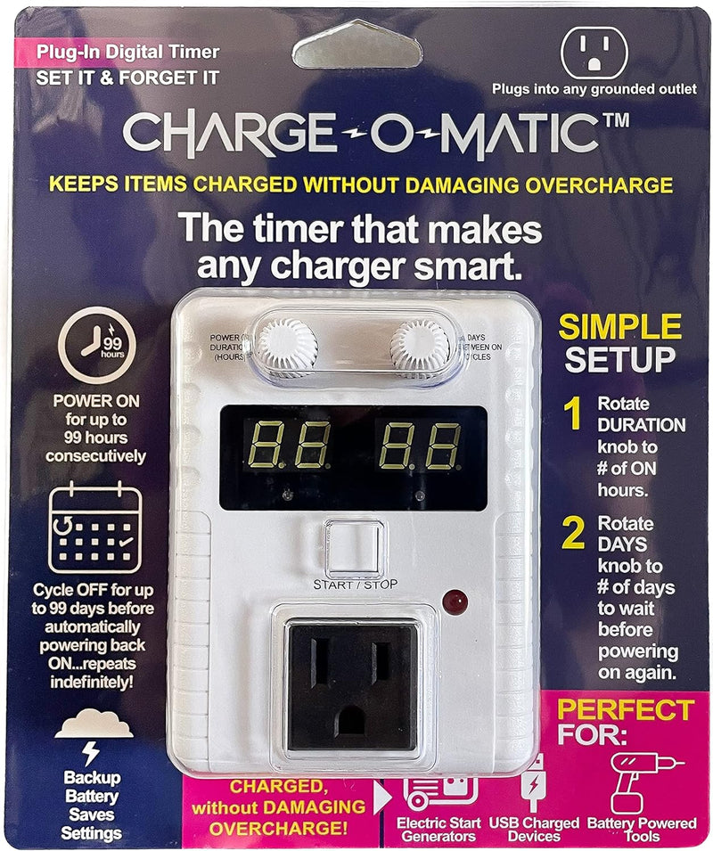 Charge-O-Matic - The Timer That Makes Any Charger Smart. Power on for up to 99 Hours, Cycle Off for up to 99 Days, Repeats indefinitely! 30 Day Timer. 60 Day Timer. 90 Day Timer. ETL Certified.