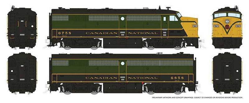 Rapido Trains 21105 MLW FPA-2u - FPB-2u Set - Standard DC -- Canadian National 6758, 6858 (1954, green, black, yellow), HO