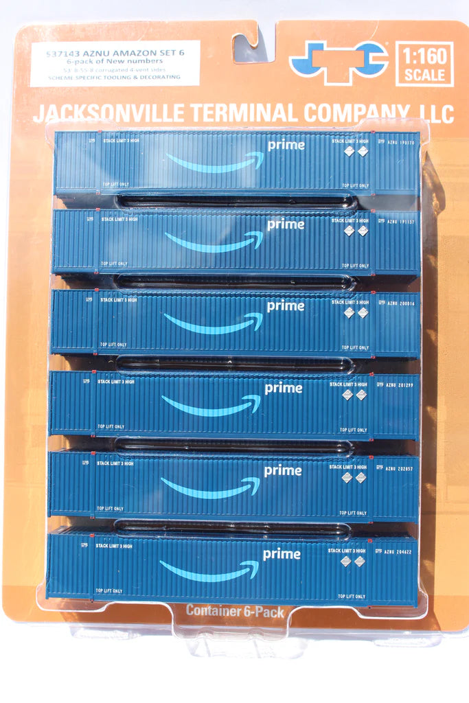 Jacksonville Terminal Company Amazon (Prime Arrow) 8-55-8 CMIC body 6-pack Set #1 Corrugated container. JTC# 537143, N Scale