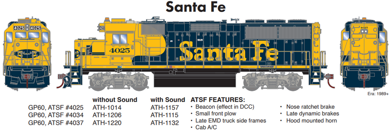 PREORDER Athearn ATH-1157 HO EMD GP60 Locomotive with DCC & Sound, ATSF