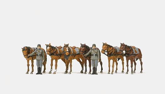 Preiser Kg 16597 Former German Army WWII - Unpainted Figures -- Soldiers Holding Standing Draft Horses, 2 Figures & 6 Horses, HO Scale