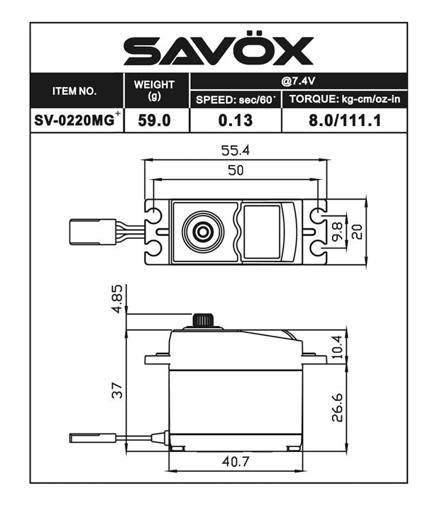 Savox SV0220MGP High Voltage Standard Digital Servo 0.13sec / 111.1oz @ 7.4V