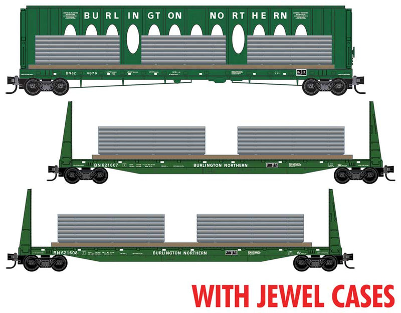 PREORDER Micro Trains Line 983 02 261 N 60' Centerbeam & 2 61'8" Bulkhead Flatcars w/Ingot Load -- Burlington Northern