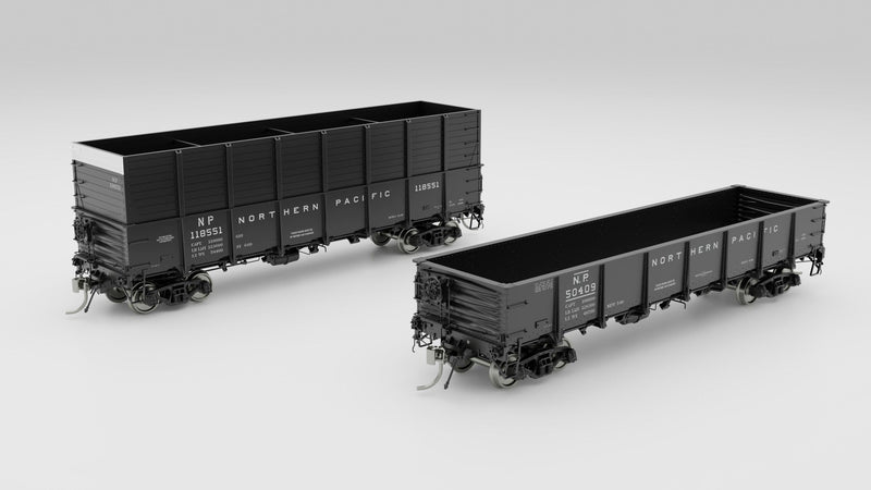 PREORDER Rapido 163006A HO NP 40' Drop-Bottom Gondola - Ready to Run -- Northern Pacific (1966 Scheme, black, white)
