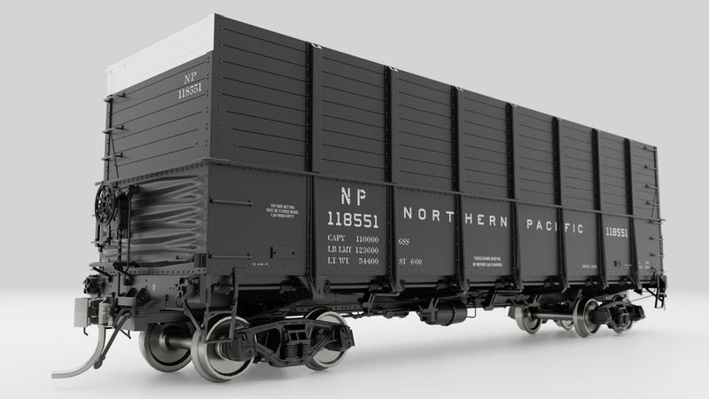 PREORDER Rapido 163009A HO NP 40' Drop-Bottom Gondola - Ready to Run -- Northern Pacific (black, white, Pulpwood Service)