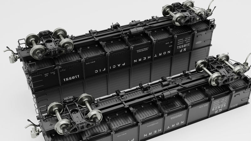 PREORDER Rapido 163006A HO NP 40' Drop-Bottom Gondola - Ready to Run -- Northern Pacific (1966 Scheme, black, white)