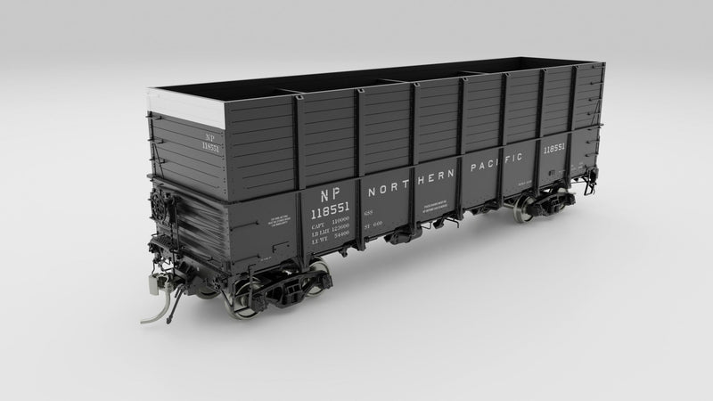 PREORDER Rapido 163006A HO NP 40' Drop-Bottom Gondola - Ready to Run -- Northern Pacific (1966 Scheme, black, white)