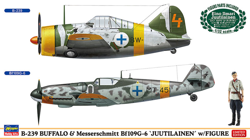 Hasegawa Models 2437 B-239 Buffalo & Messerschmitt Bf109G-6 “Jutilainen” w/figure 1:72 SCALE MODEL KIT