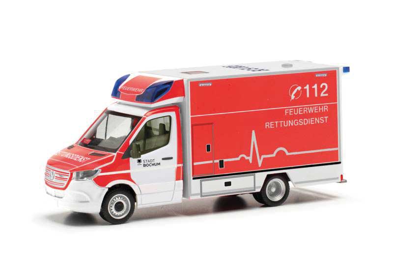 Herpa Models 097116 HO Mercedes-Benz Sprinter Box-Body Ambulance - Assembled -- Bochum, Germany, Fire Department (red, white, German Lettering)