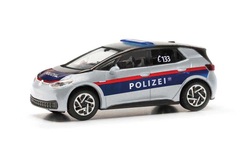 Herpa Models 097383 HO Volkswagen ID 3 Station Wagon - Assembled -- Police (silver, blue, red, German Lettering)