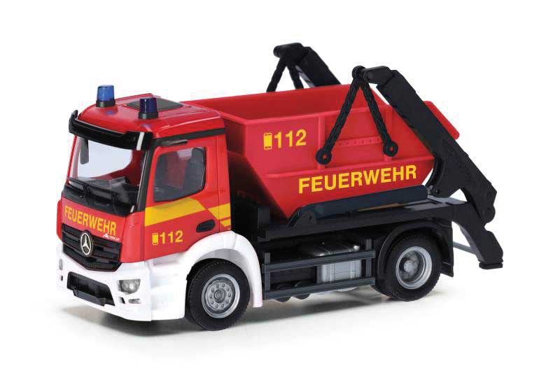 Herpa Models 098250 HO Mercedes-Benz Actros Skip Loader Truck - Assembled -- Fire Department (red, yellow, white, German Lettering)