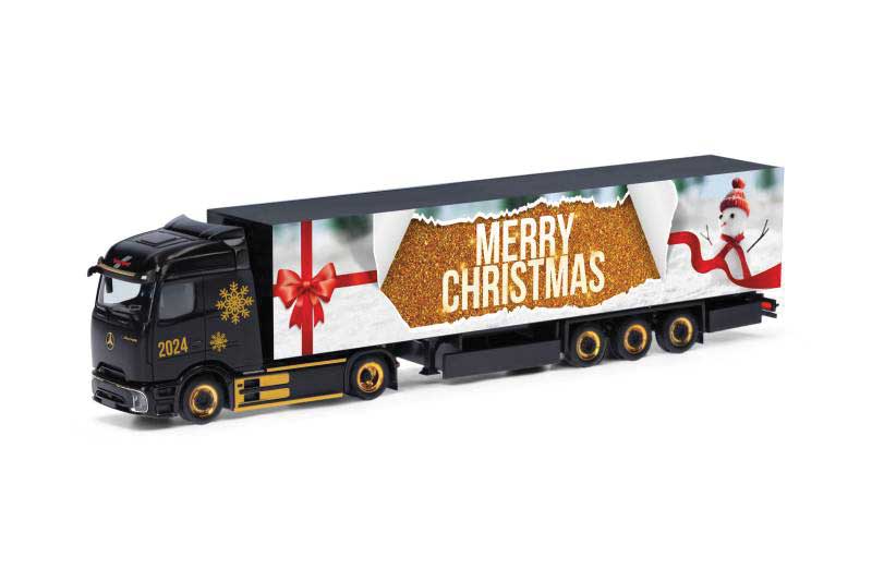 Herpa Models 318310 HO Mercedes-Benz E-Actros 600 Procabin with Van Trailer - Assembled -- Christmas 2024 (black, gold, white, red)