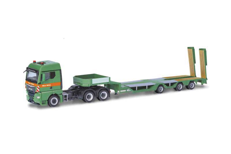 Herpa Models 318273 HO MAN TGX All-Rounder Tractor with Lowboy Trailer - Assembled -- Max Wild (green, orange, German lettering)