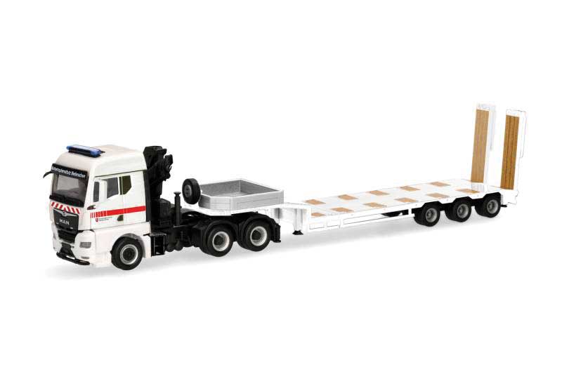 Herpa Models 318297 HO MAN TGX Tractor with Lowboy Trailer & Crane - Assembled -- Lower Saxony Disaster Relief (white, red)