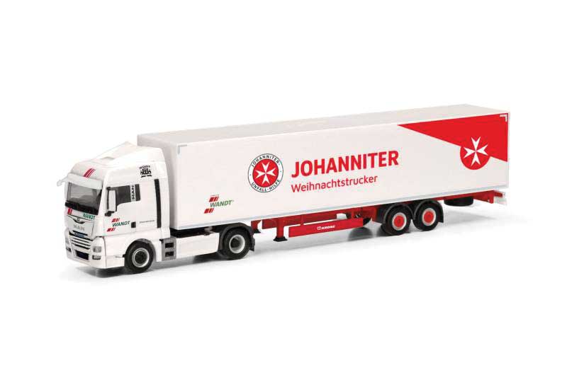 Herpa Models 318150 HO MAN TGX XLX Tractor with Van Trailer - Assembled -- Wandt Johanniter (Christmas Truck, white, red, German Lettering)