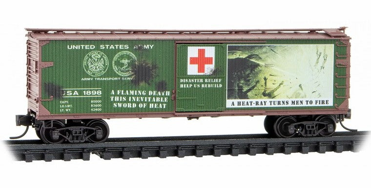 Micro-Trains N 03900272 40' Double-Sheathed Wood Box Car with Single Door and Vertical Brake Wheel, War of the Worlds (A Heat Ray Turns Men To Fire)