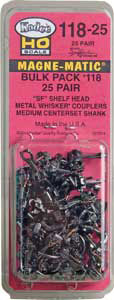 Kadee HO 118-25 #118-25 Bulk Pack, 25 Pairs #118 SF Shelf Whisker Metal Couplers, Medium (9/32") Centerset Shank