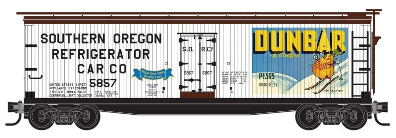 Micro-Trains N 04900946 40' Double-Sheathed Wood Reefer with Vertical Brake Wheel, Medford Talent & Lake Creek (Dunbar Pears)