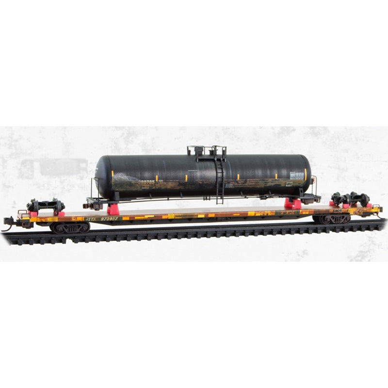 Micro-Trains N 071144941 89' Tofc Flat Car With Wrecked Tank Car Load