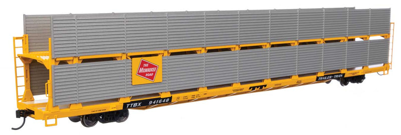 WalthersMainline 910-8117 89' Flatcar w/Bi-Level Shielded Auto Rack - Ready to Run -- Milwaukee Road Rack / Trailer-Train Flatcar TTBX