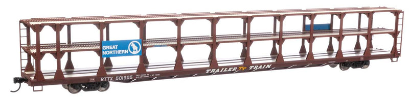 WalthersMainline 910-8209 89' Flatcar w/Tri-Level Open Auto Rack - Ready to Run -- Great Northern Rack Trailer-Train Flatcar RTTX