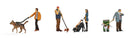 Walthers SceneMaster 949-6082 HO People with Dogs -- 4 of Each, 1 Garbage Can