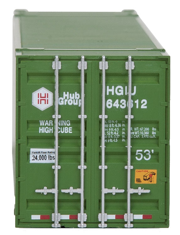 Walthers Scenemaster 949-8505 HO 53' Singamas Corrugated Side Container - Ready to Run -- Hub Group (green, white, red)