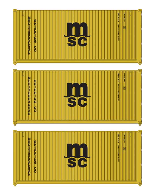 PREORDER Walthers SceneMaster 949-18054 HO 20' Fully Corrugated Container - 3-Pack -- Mediterranean Shipping Co.