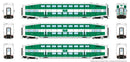 PREORDER Rapido HO 1110002 Bi-Level Commuter 2 Coach and Cab Car Set, GO Transit Cab Set #5 #236 Coach 2421, 2449 (Late Scheme, green white)