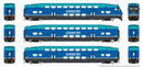 PREORDER Rapido HO 1110041 CEM Bi-Level Commuter 2 Coach and Cab Car Set, Coaster Set #2 Cab #423 Coach 42104, 42107 (2020s, blue, teal, black)