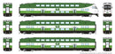 PREORDER Rapido HO 1110045 CEM Bi-Level Commuter 2 Coach and Cab Car Set, GO Transit Set #1 Cab #302 Coach 4505, 4004 (Metrolinx Scheme, green, white)