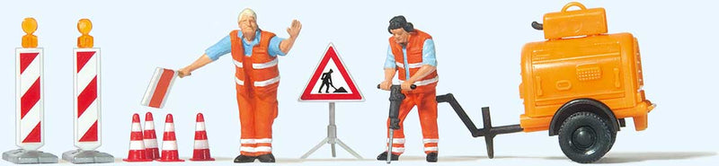 Preiser HO 10754 Road Construction Workers with Accessories, 2 Figures, Compressor Trailer and Signs
