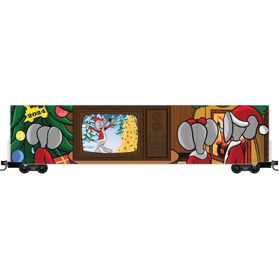 PREORDER Micro Trains Line 102 00 701 N Modified 60' Excess-Height Double-Plug-Door Boxcar - Ready-to-Run -- 2024 Micro-Mouse Christmas w/TV Door