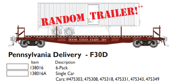 PREORDER Rapido 138016 HO Class F30D 50' TOFC Flatcar w/Random Trailer 6-Pack - Ready to Run -- Pennsylvania Railroad (As-Delivered, Tuscan)