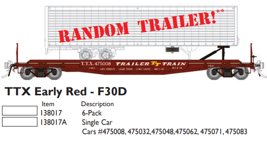 Rapido 138017A HO Class F30D 50' TOFC Flatcar w/Random Trailer - Ready to Run -- Trailer-Train TTX (Early Boxcar Red)