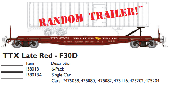 PREORDER Rapido 138018 HO Class F30D 50' TOFC Flatcar w/Random Trailer 6-Pack - Ready to Run -- Trailer-Train TTX (Late Boxcar Red)