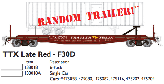 PREORDER Rapido 138018A	Class F30D 50' TOFC Flatcar w/Random Trailer - Ready to Run -- Trailer-Train TTX (Late Boxcar Red)