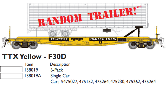 PREORDER Rapido 138019 HO Class F30D 50' TOFC Flatcar w/Random Trailer 6-Pack - Ready to Run -- Trailer-Train TTX (yellow, black)