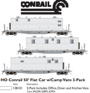 Rapido 138101 HO Class F30A 50' Flatcar w/Office, Kitchen, Diner Trailer 3-Pack - Ready to Ru -- Conrail