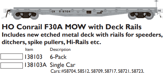 PREORDER Rapido 138103 HO Class F30A 50' Flatcar w/Deck Rails 6-Pack - Ready to Run -- Conrail