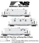 Rapido 138104 HO Class F30A 50' Flatcar w/Office, Kitchen, Diner Trailer 3-Pack - Ready to Ru -- Norfolk Southern