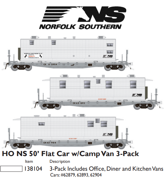 PREORDER Rapido 138104 HO Class F30A 50' Flatcar w/Office, Kitchen, Diner Trailer 3-Pack - Ready to Ru -- Norfolk Southern