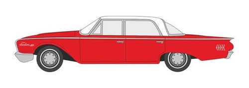 Oxford Diecast HO 87FF60001 1960 Ford Fairlane 500 Town Sedan, Monte Carlo Red, Corinthian White