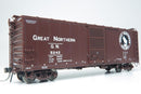 Model of a Great Northern railway boxcar on a white background