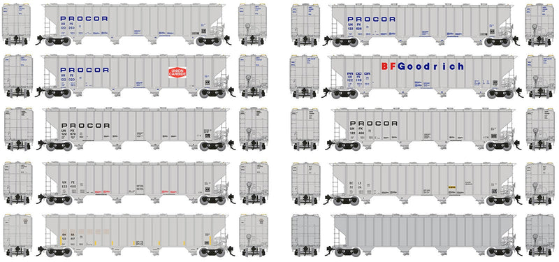 PREORDER Rapido 560008 N Procor 5820 Covered Hopper 6-Pack - Ready to Run -- Dow Chemical DCLX (gray, black, Reporting Marks Only)