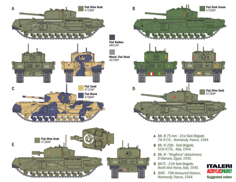 Italeri 15760 - SCALE 1 : 56 CHURCHILL Mk.III - Mk.III 75mm - MK.IV - AVRE - Mk.V - NA 75 - Mk.VI