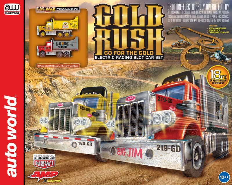 Auto World SRS357R 18' Gold Rush "Go for the Gold" Slot Race Set Peterbilt 359 D