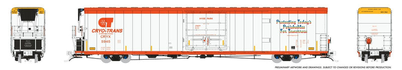 PREORDER Rapido HO 167502-6 Greenbrier 7780cuft Reefer with Sound, Cryo-Trans "Spuds"