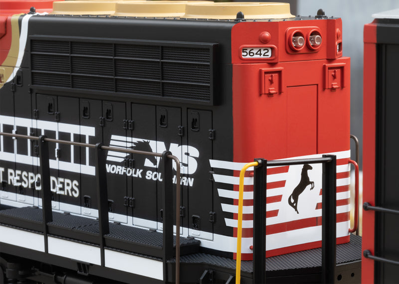 LGB 29911  First Responder Train-Only Set w/Squirting Tank Car - Sound and DCC -- Norfolk Southern Diesel & 2 Cars (black, red, white, gold), G Scale
